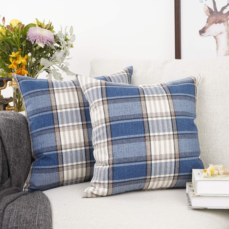 YOUR SMILE Set of 2 Retro Farmhouse Outdoor/Indoor Buffalo Tartan Chequer Stripe Plaid Cotton Linen Decorative Throw Pillow Case Cushion Cover Pillowcase for Sofa Chair,Navy Blue, 22x22 inch - Image 2